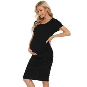 NWT Smallshow Black Short Sleeve Ruched Side Slit Midi Maternity Dress Sz Small